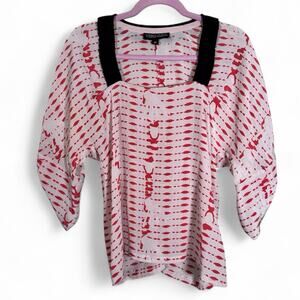 Vena Cava White Red Silk Printed Blouse Women’s M Short Sleeve Collar Shirt